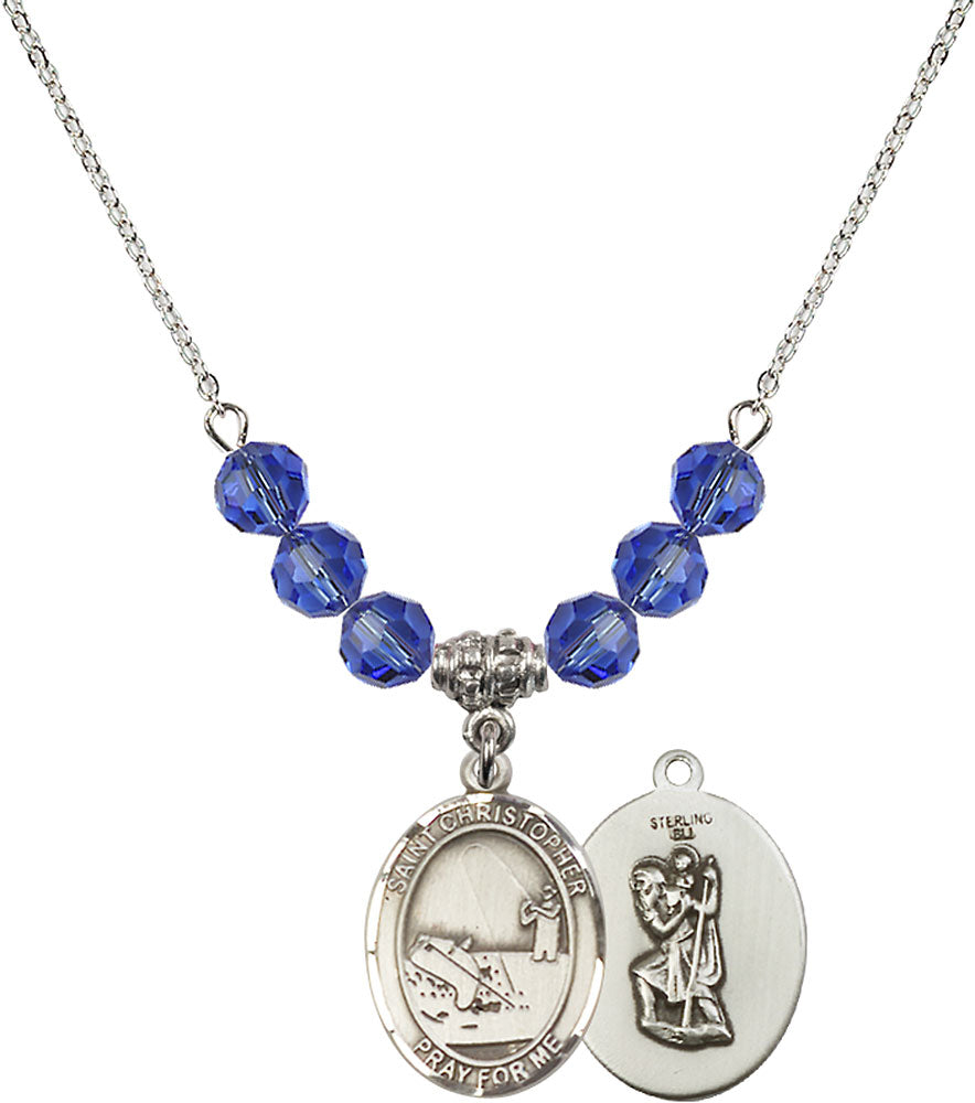 Sterling Silver Saint Christopher / Fishing Birthstone Necklace with Sapphire Beads - 8196