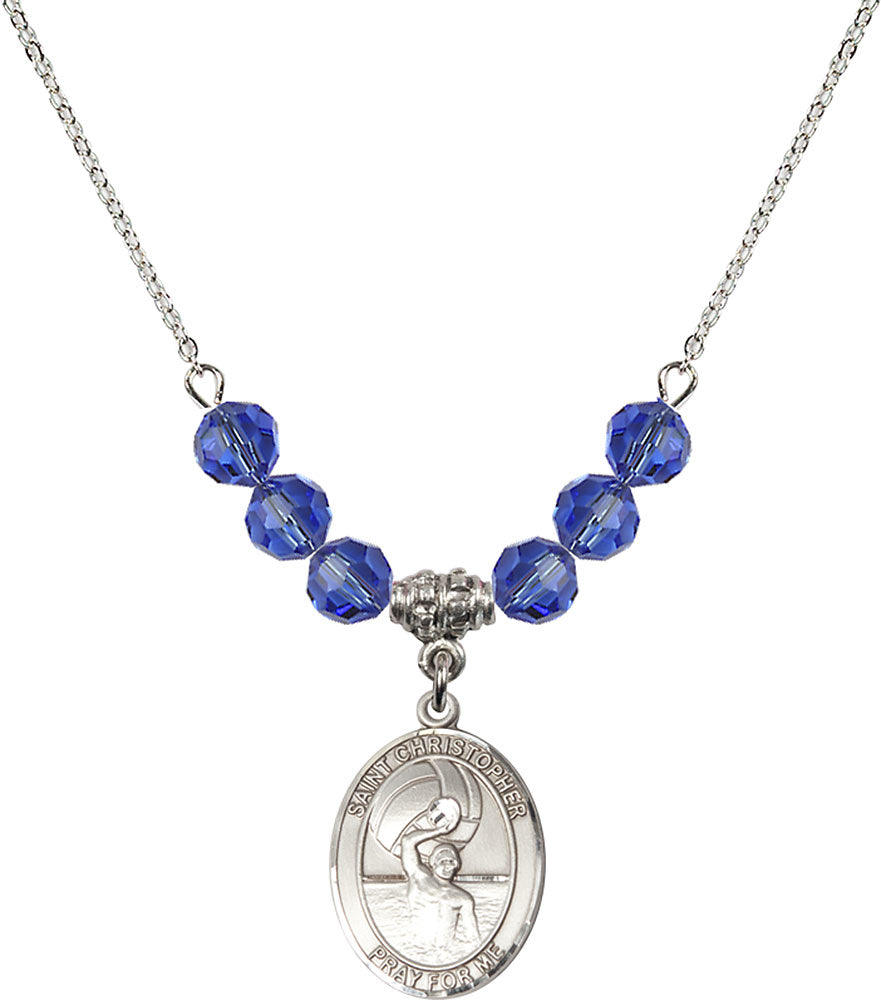 Sterling Silver Saint Christopher/Water Polo-Men Birthstone Necklace with Sapphire Beads - 8198