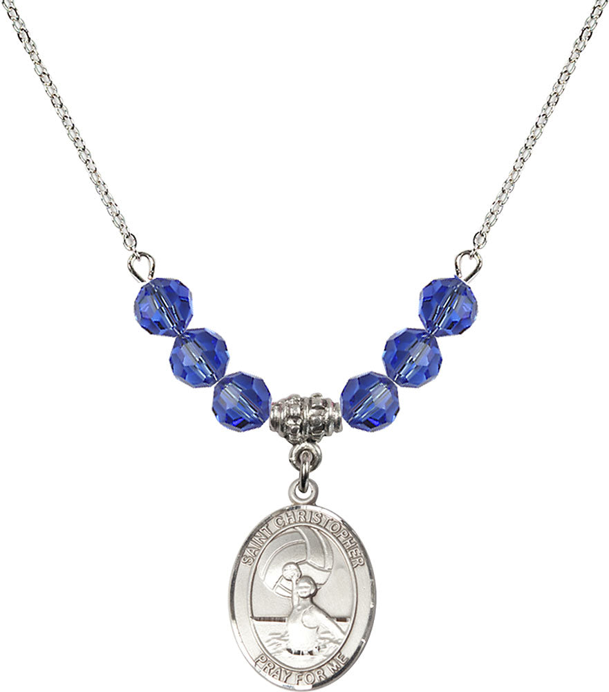 Sterling Silver Saint Christopher/Water Polo-Women Birthstone Necklace with Sapphire Beads - 8199