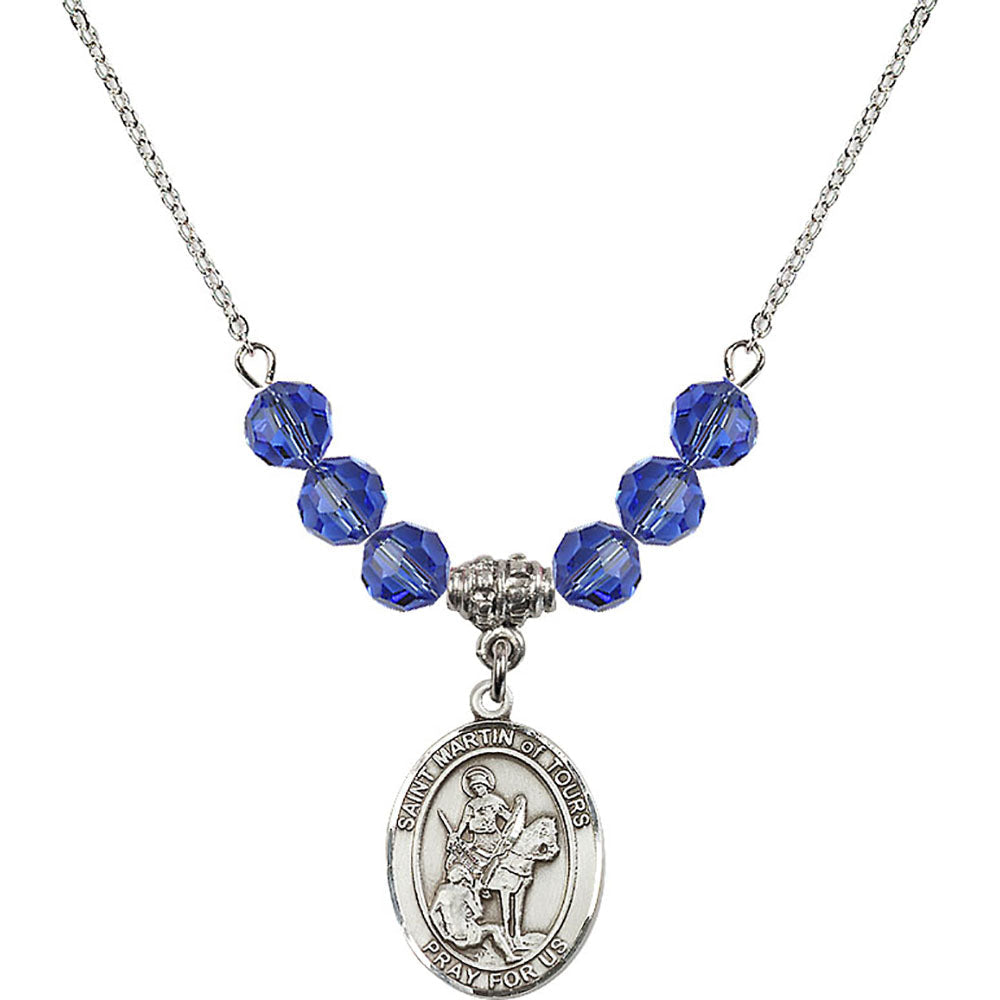 Sterling Silver Saint Martin of Tours Birthstone Necklace with Sapphire Beads - 8200
