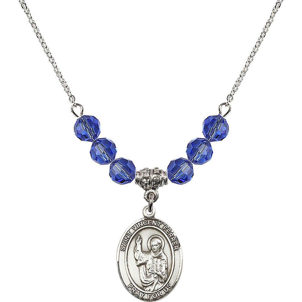 Sterling Silver Saint Vincent Ferrer Birthstone Necklace with Sapphire Beads - 8201