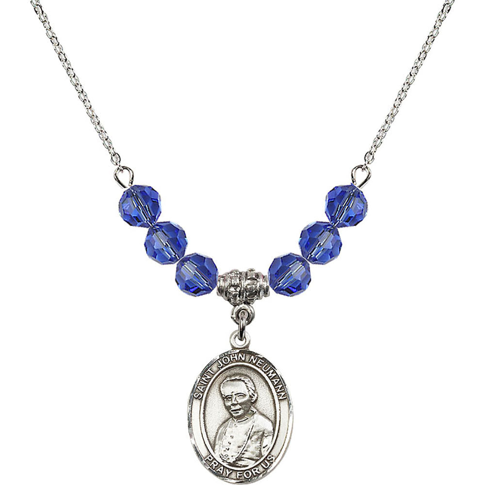 Sterling Silver Saint John Neumann Birthstone Necklace with Sapphire Beads - 8204