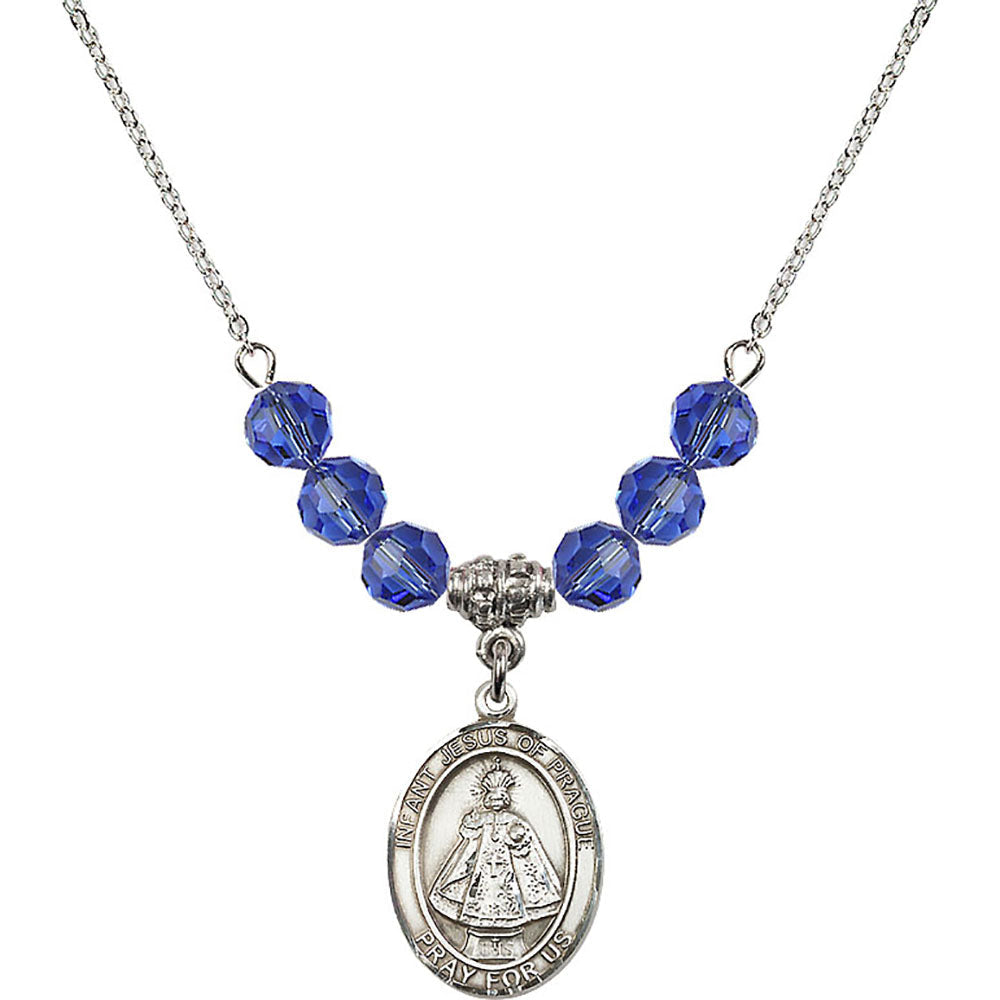 Sterling Silver Infant of Prague Birthstone Necklace with Sapphire Beads - 8207