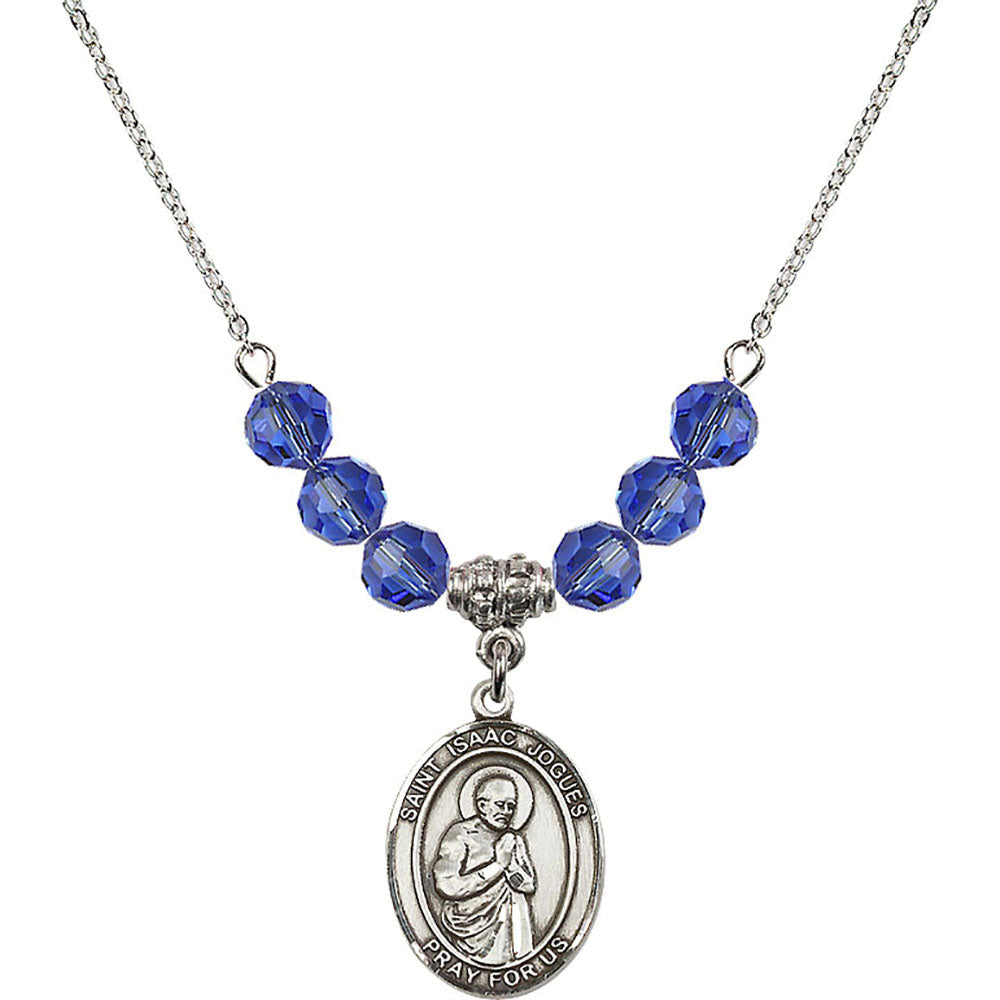 Sterling Silver Saint Isaac Jogues Birthstone Necklace with Sapphire Beads - 8212