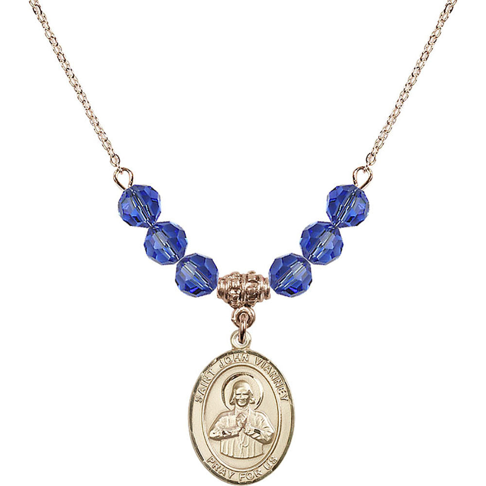 14kt Gold Filled Saint John Vianney Birthstone Necklace with Sapphire Beads - 8282
