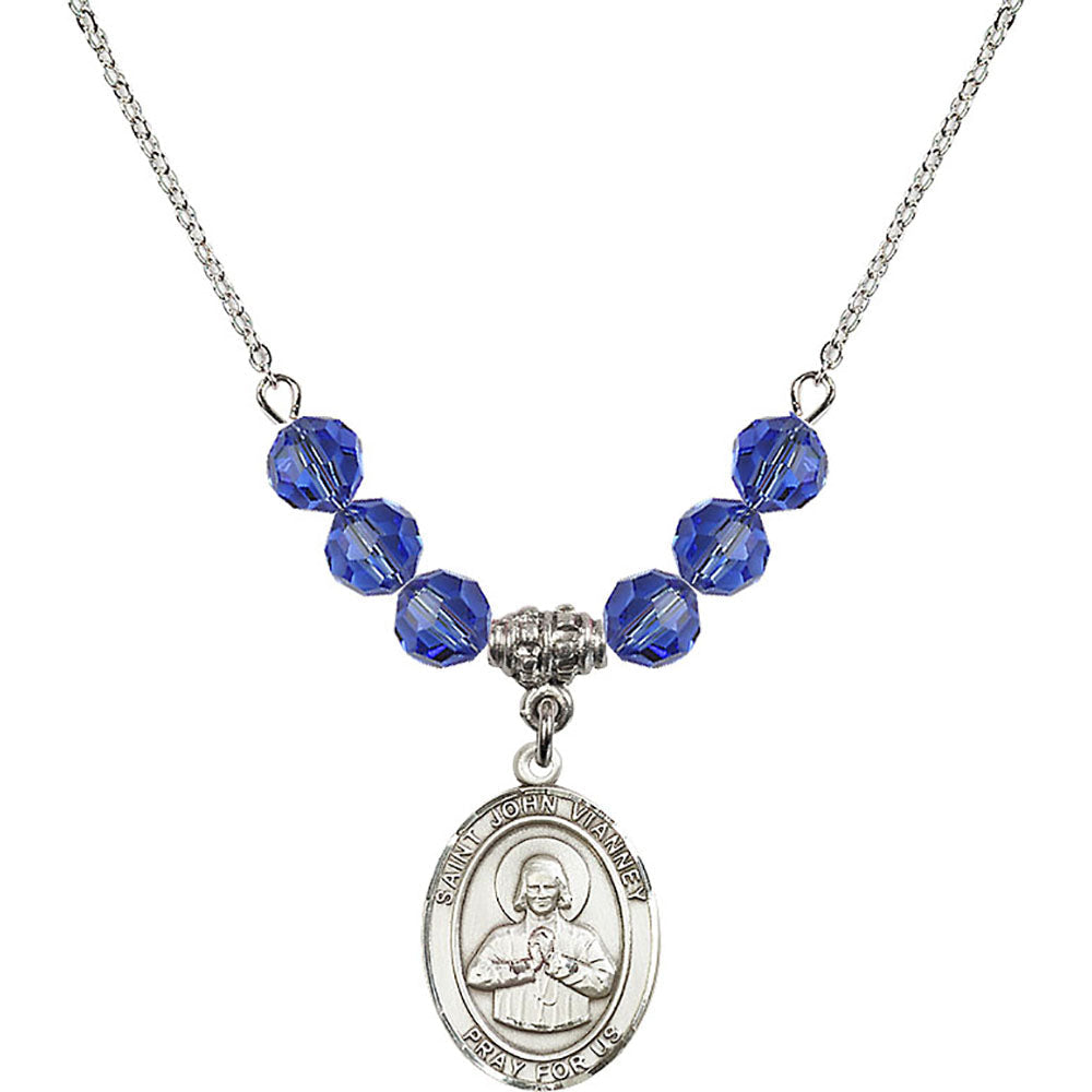 Sterling Silver Saint John Vianney Birthstone Necklace with Sapphire Beads - 8282