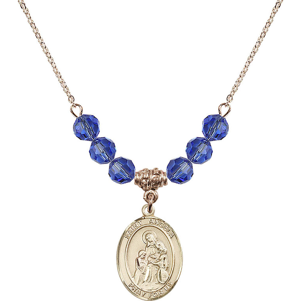 14kt Gold Filled Saint Angela Merici Birthstone Necklace with Sapphire Beads - 8284