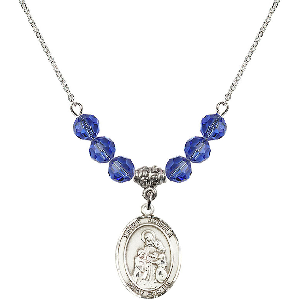 Sterling Silver Saint Angela Merici Birthstone Necklace with Sapphire Beads - 8284