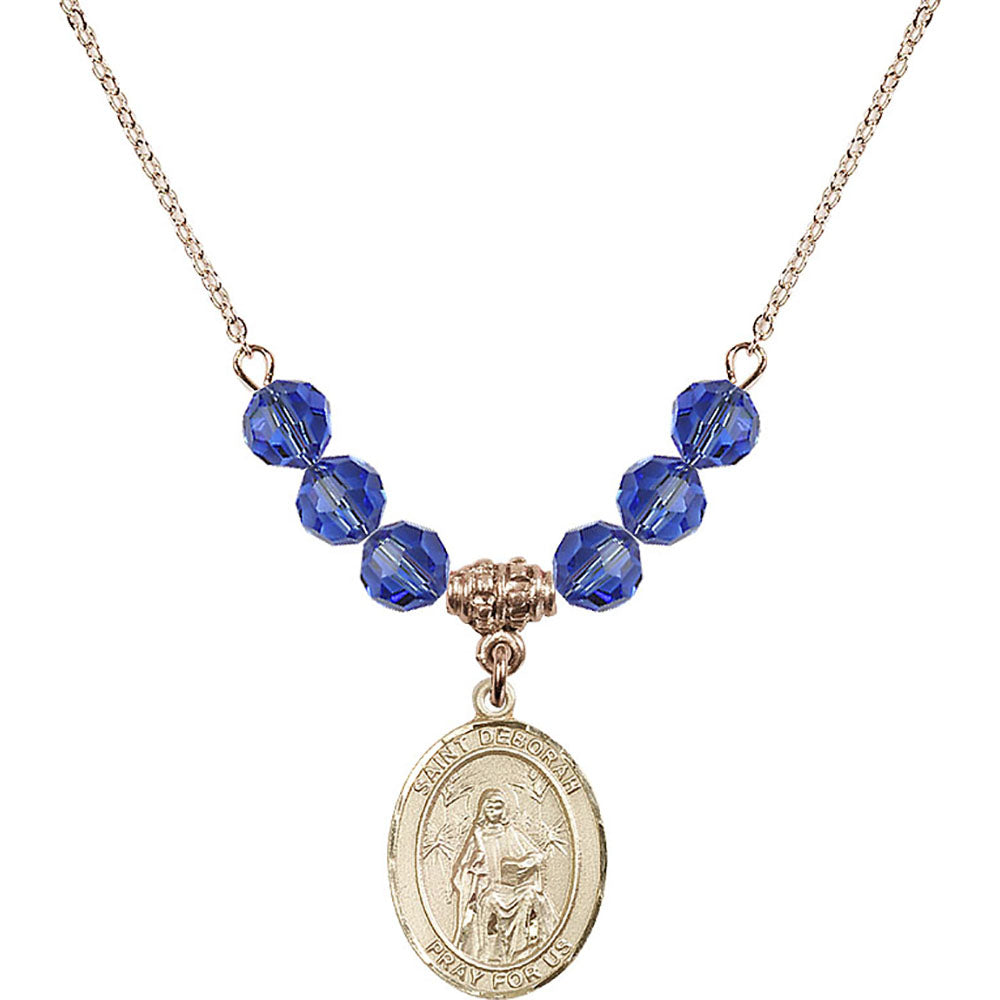 14kt Gold Filled Saint Deborah Birthstone Necklace with Sapphire Beads - 8286