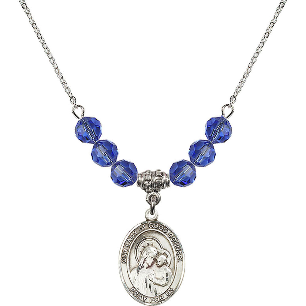 Sterling Silver Our Lady of Good Counsel Birthstone Necklace with Sapphire Beads - 8287