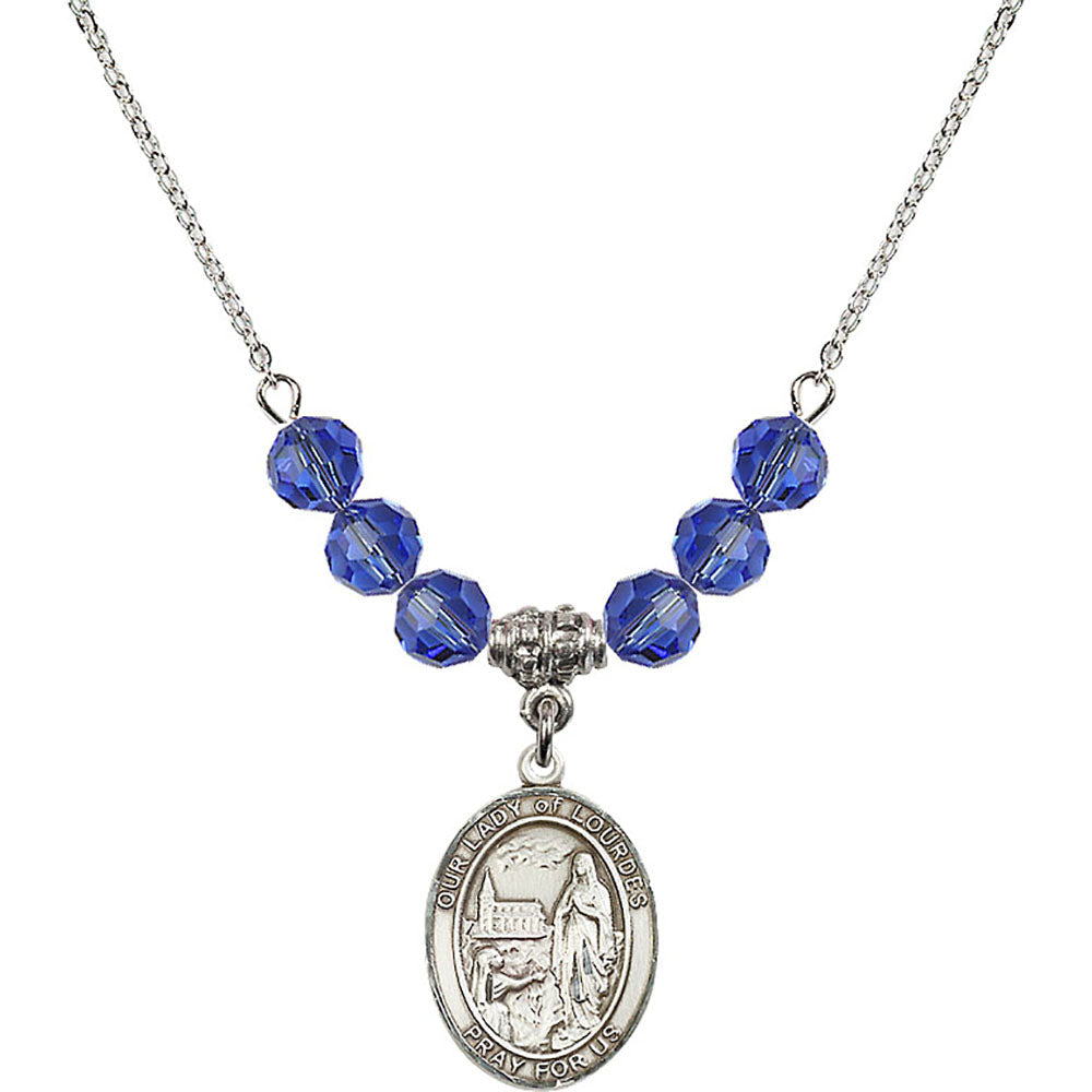 Sterling Silver Our Lady of Lourdes Birthstone Necklace with Sapphire Beads - 8288