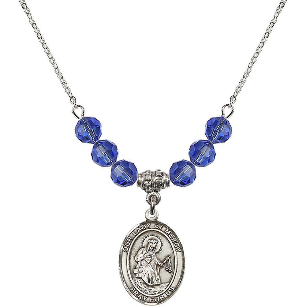 Sterling Silver Our Lady of Mercy Birthstone Necklace with Sapphire Beads - 8289