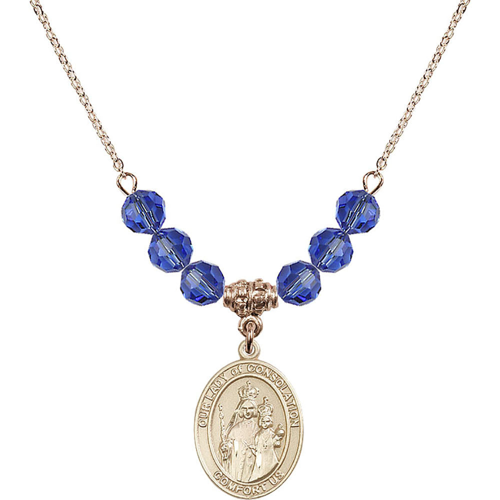 14kt Gold Filled Our Lady of Consolation Birthstone Necklace with Sapphire Beads - 8292
