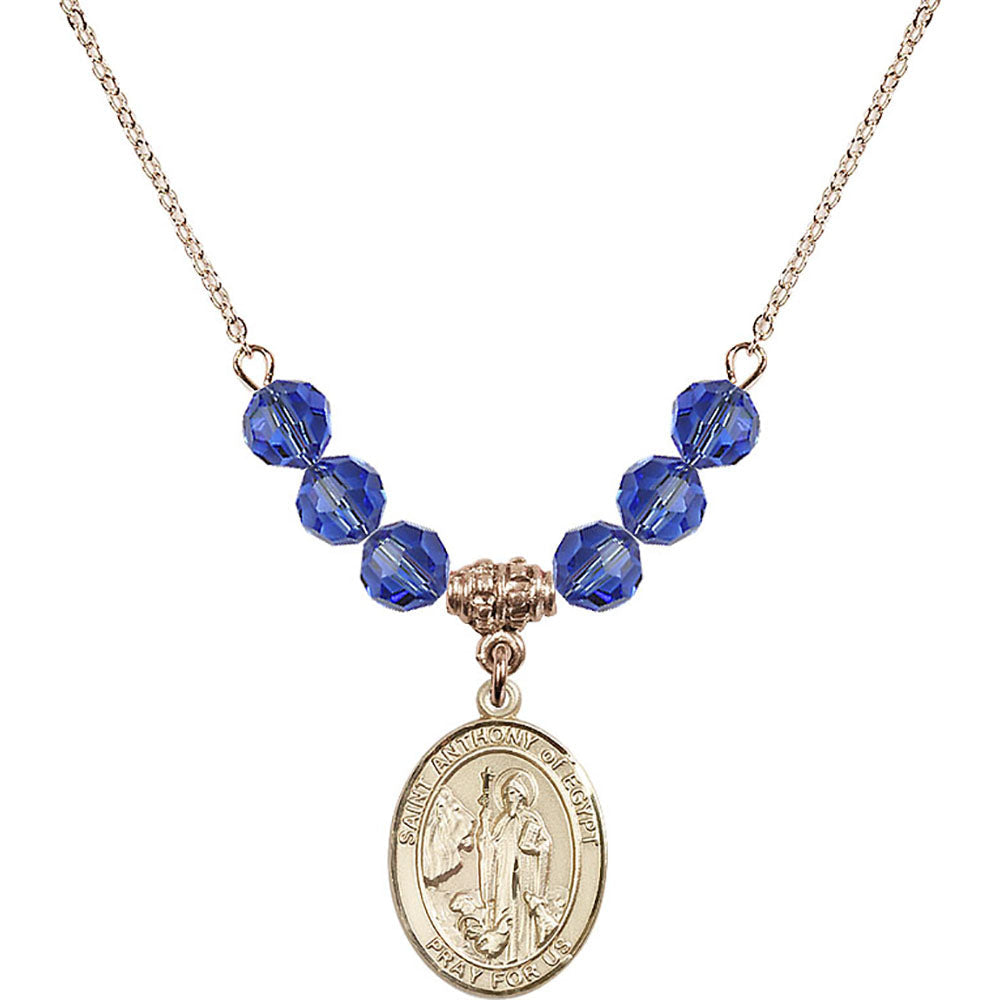 14kt Gold Filled Saint Anthony of Egypt Birthstone Necklace with Sapphire Beads - 8317