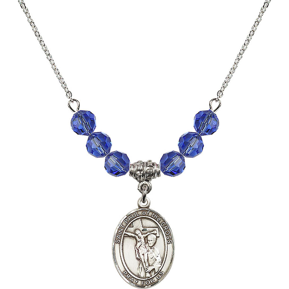 Sterling Silver Saint Paul of the Cross Birthstone Necklace with Sapphire Beads - 8318
