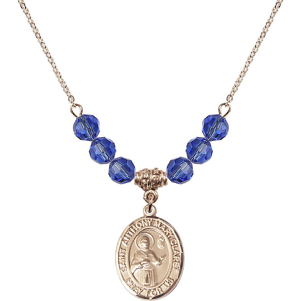 14kt Gold Filled Saint Anthony Mary Claret Birthstone Necklace with Sapphire Beads - 8416