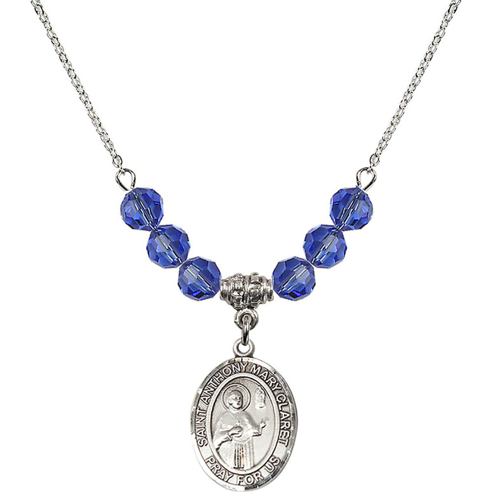 Sterling Silver Saint Anthony Mary Claret Birthstone Necklace with Sapphire Beads - 8416