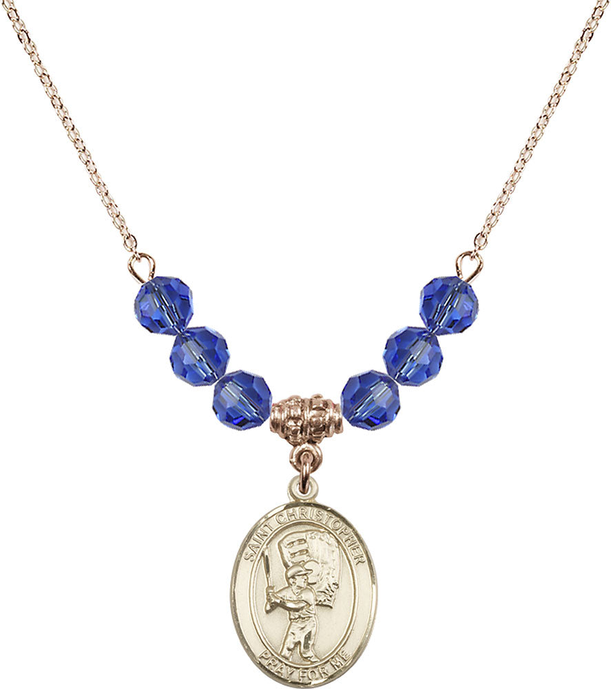 14kt Gold Filled Saint Christopher/Baseball Birthstone Necklace with Sapphire Beads - 8500