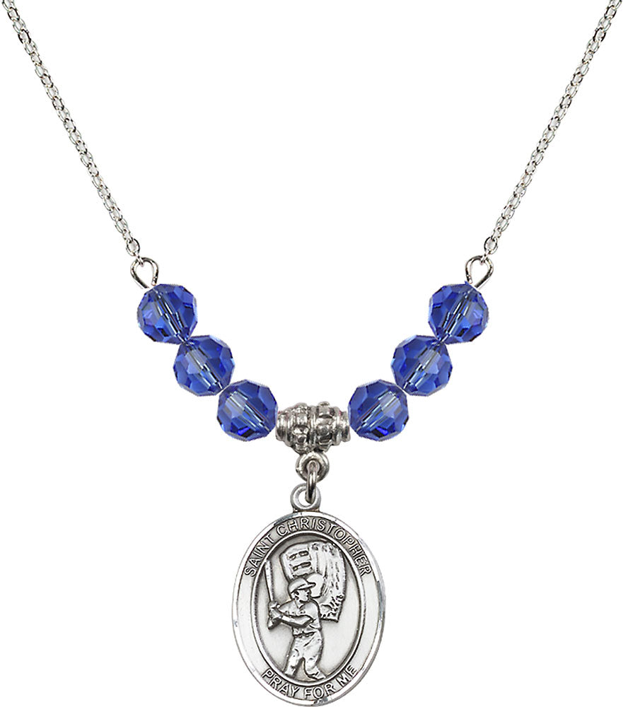 Sterling Silver Saint Christopher/Baseball Birthstone Necklace with Sapphire Beads - 8500
