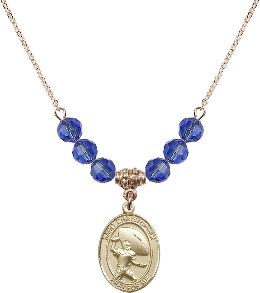 14kt Gold Filled Saint Christopher / Football Birthstone Necklace with Sapphire Beads - 8501