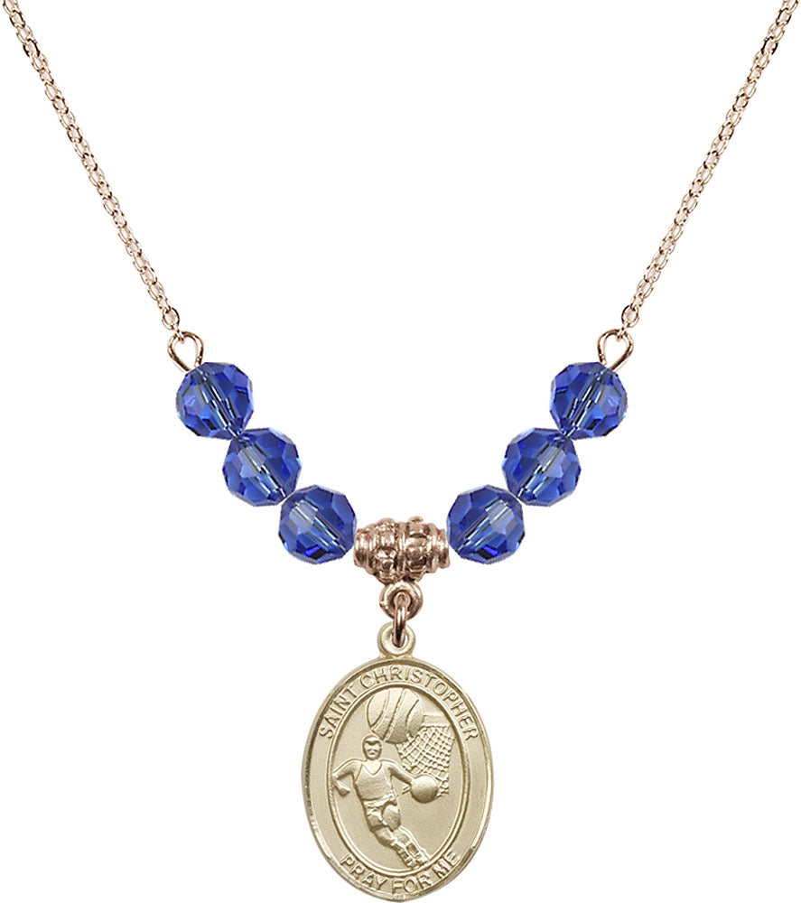 14kt Gold Filled Saint Christopher/Basketball Birthstone Necklace with Sapphire Beads - 8502