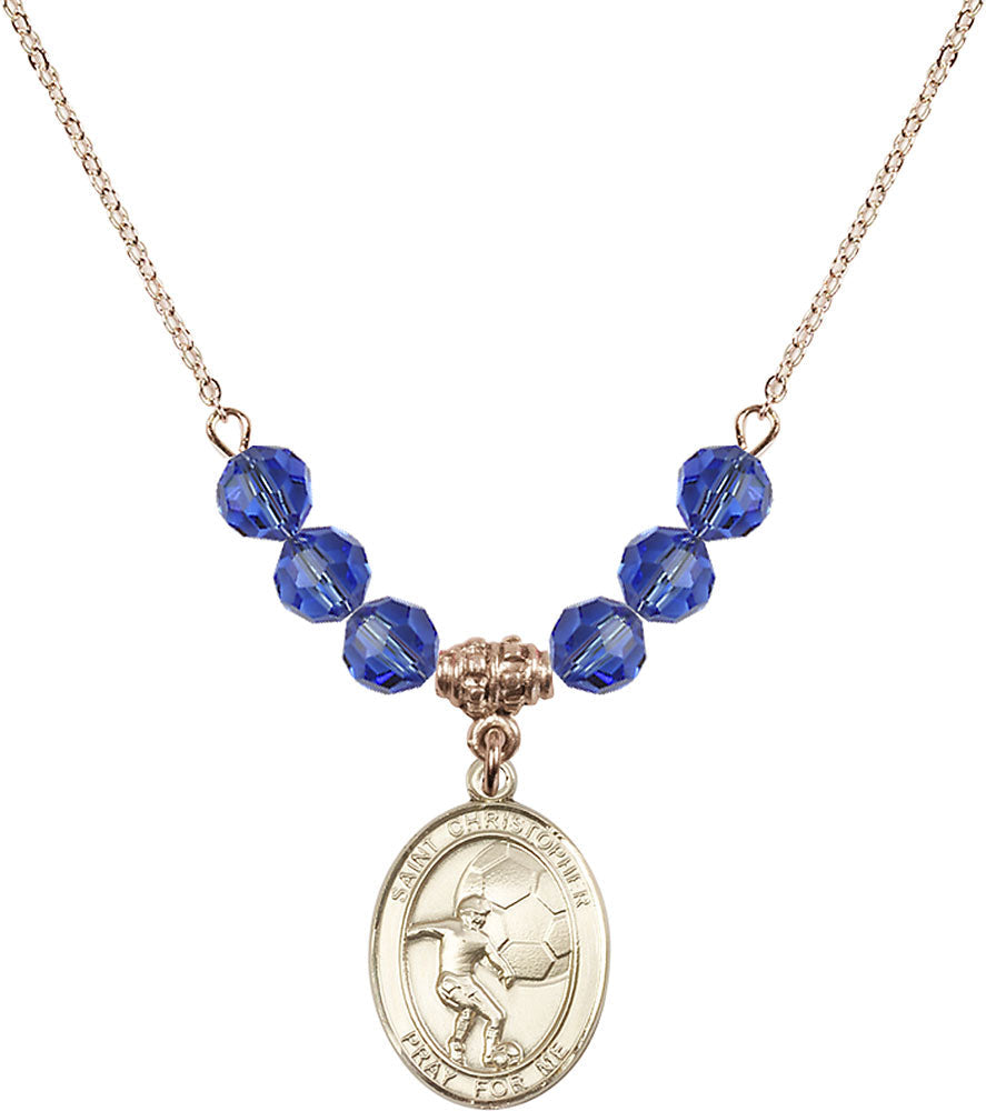 14kt Gold Filled Saint Christopher/Soccer Birthstone Necklace with Sapphire Beads - 8503
