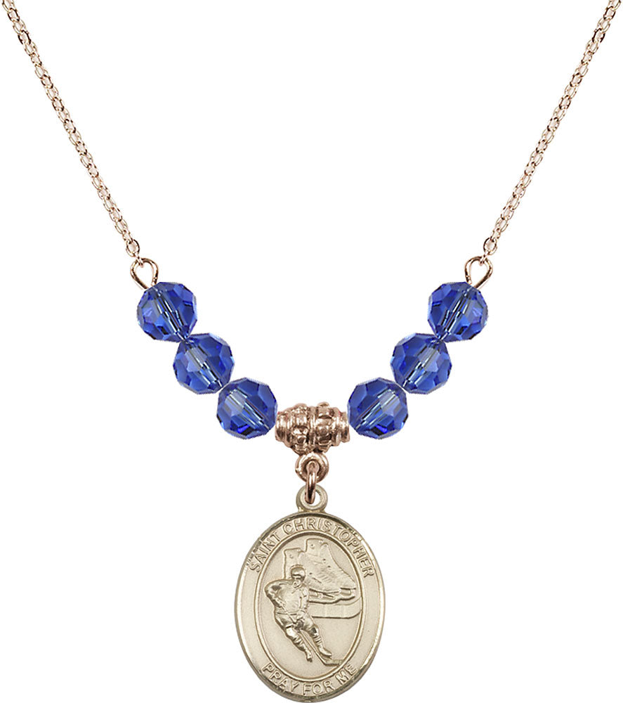 14kt Gold Filled Saint Christopher/Hockey Birthstone Necklace with Sapphire Beads - 8504