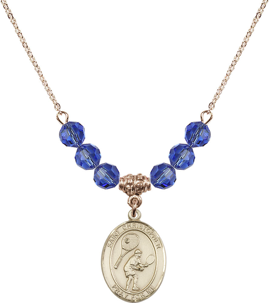 14kt Gold Filled Saint Christopher/Tennis Birthstone Necklace with Sapphire Beads - 8505