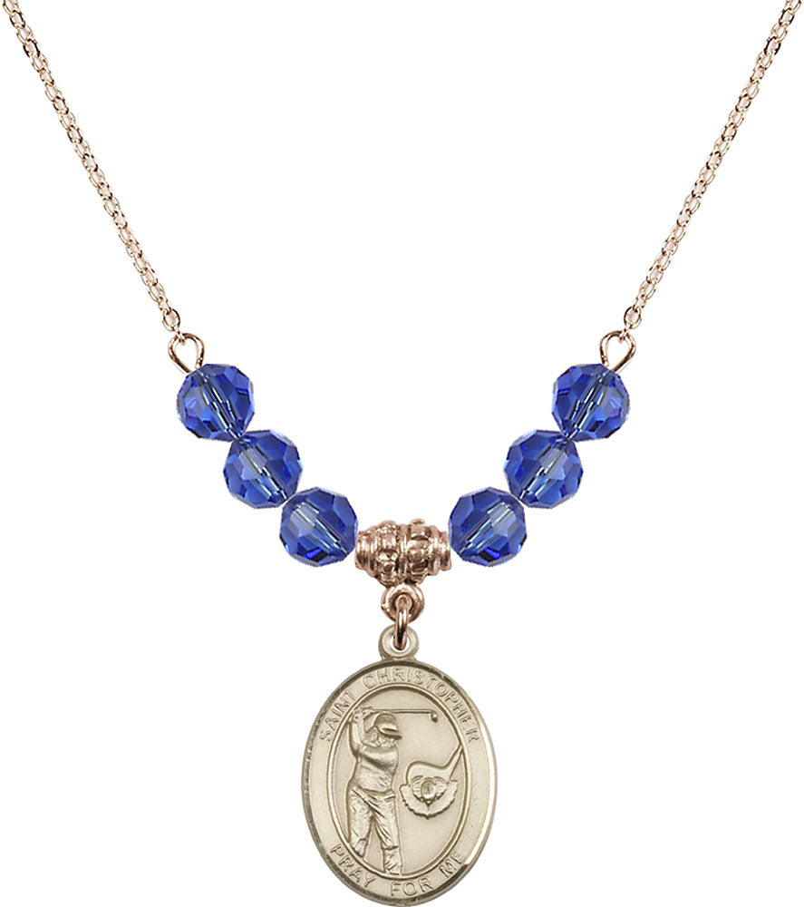 14kt Gold Filled Saint Christopher/Golf Birthstone Necklace with Sapphire Beads - 8506
