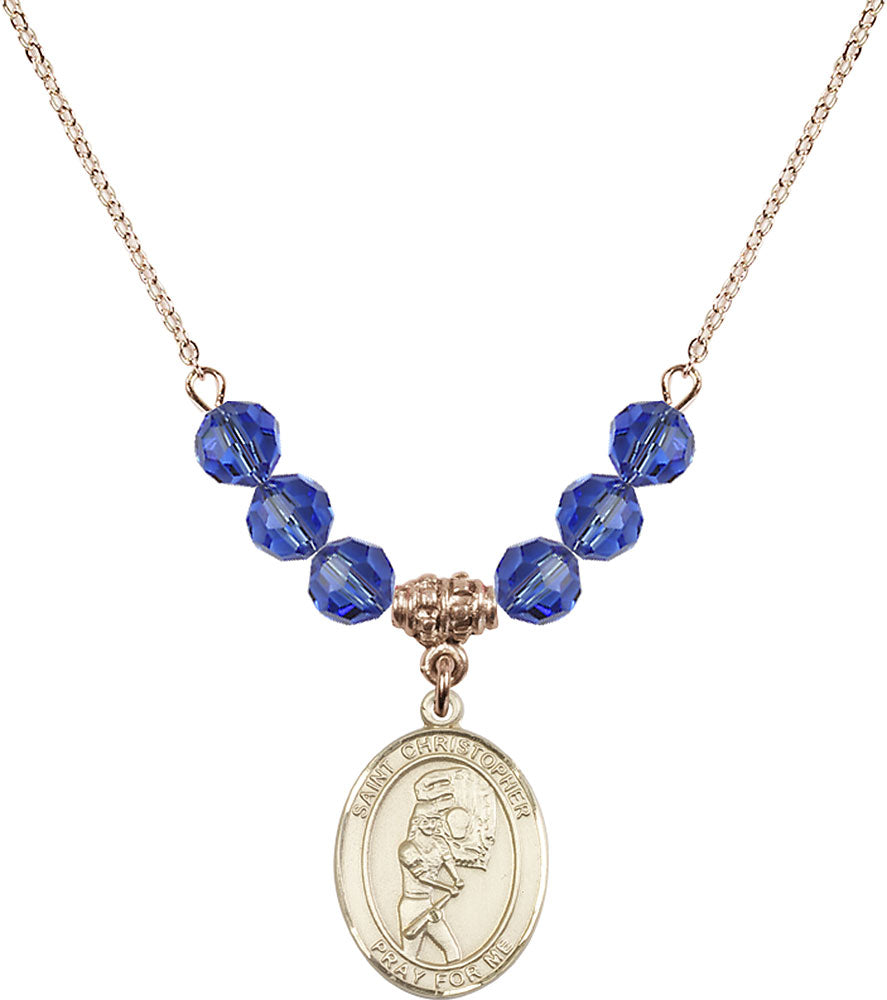 14kt Gold Filled Saint Christopher/Softball Birthstone Necklace with Sapphire Beads - 8507