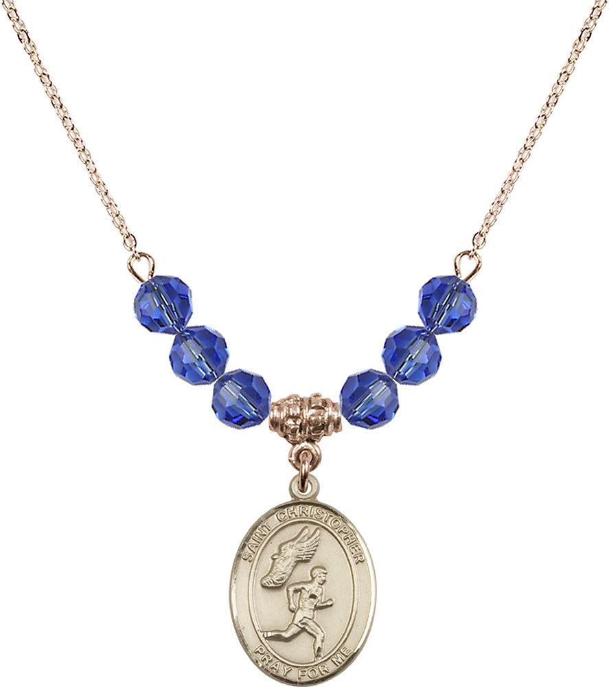 14kt Gold Filled Saint Christopher/Track&Field-Men Birthstone Necklace with Sapphire Beads - 8509