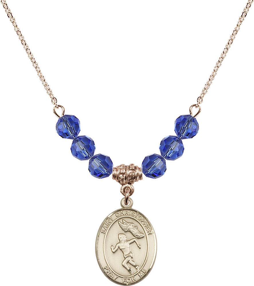 14kt Gold Filled Saint Christopher/Track&Field-Women Birthstone Necklace with Sapphire Beads - 8510
