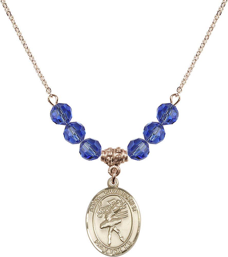14kt Gold Filled Saint Christopher/Dance Birthstone Necklace with Sapphire Beads - 8512