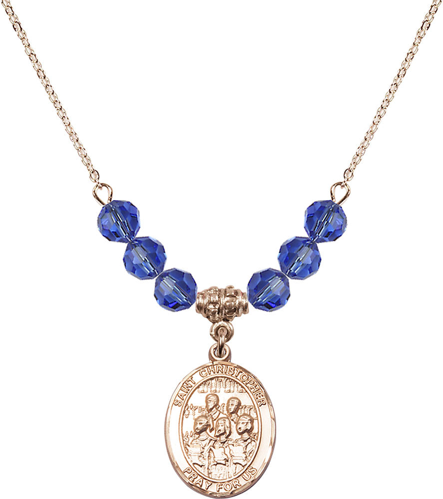 14kt Gold Filled Saint Christopher / Choir Birthstone Necklace with Sapphire Beads - 8514