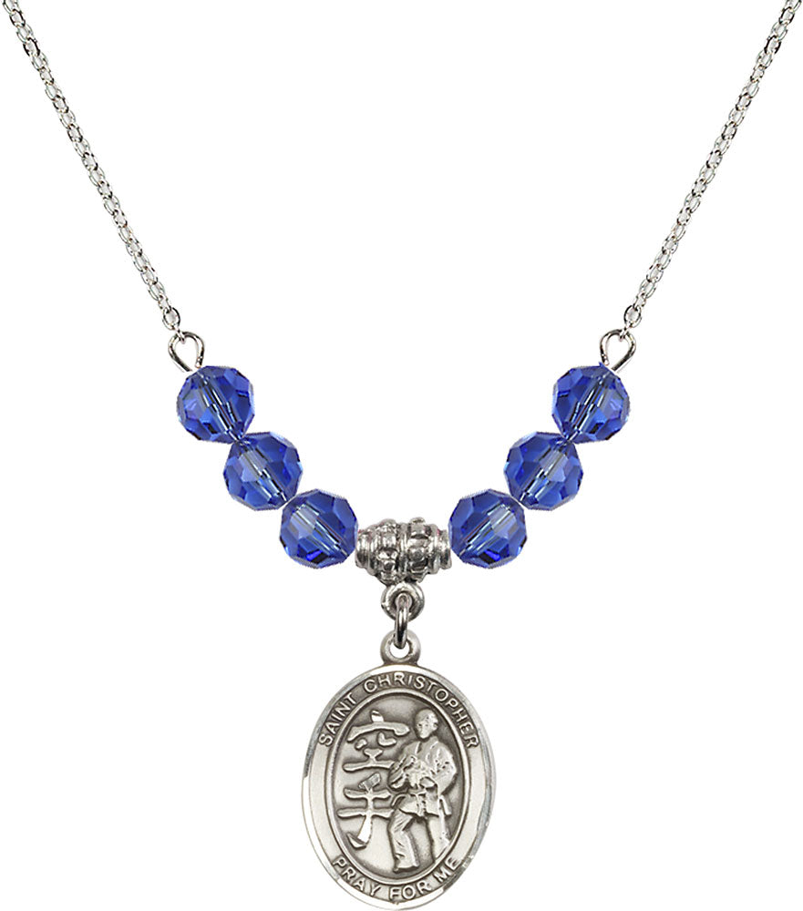 Sterling Silver Saint Christopher / Karate Birthstone Necklace with Sapphire Beads - 8515