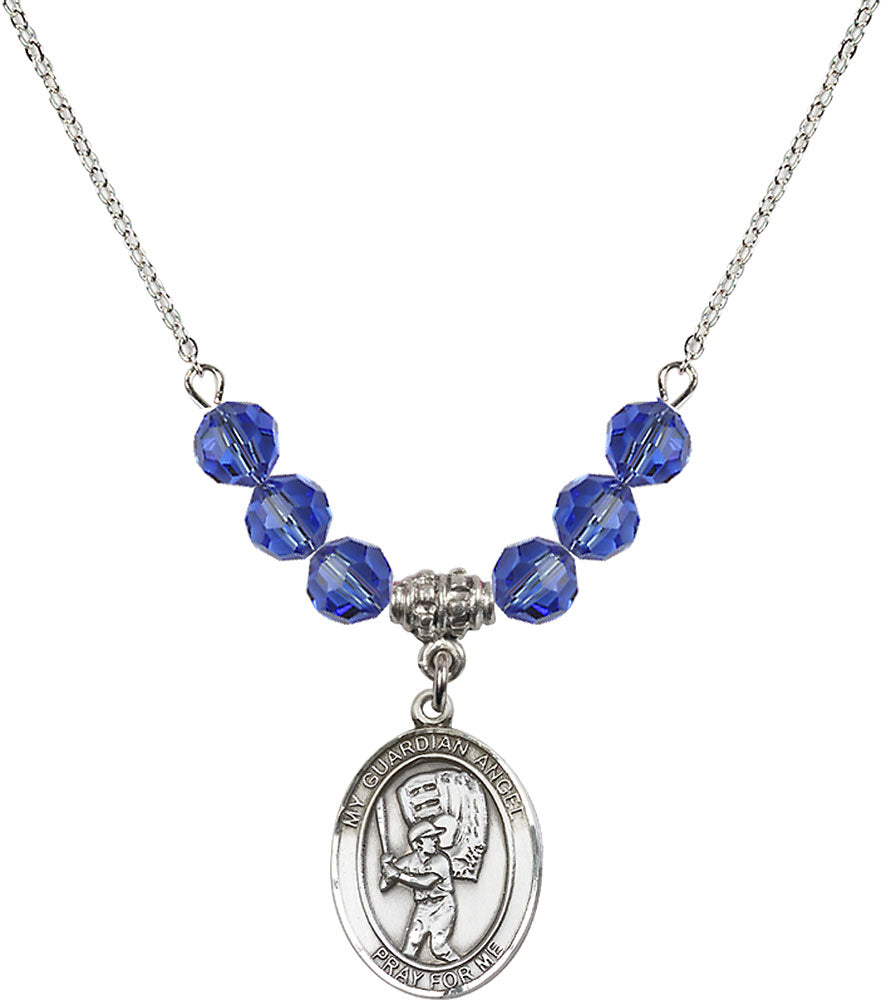 Sterling Silver Guardian Angel/Baseball Birthstone Necklace with Sapphire Beads - 8700