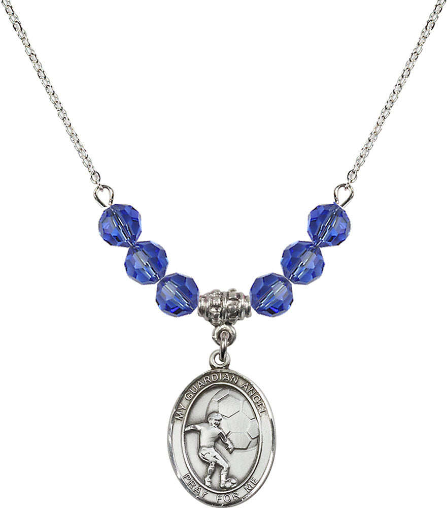 Sterling Silver Guardian Angel/Soccer Birthstone Necklace with Sapphire Beads - 8703