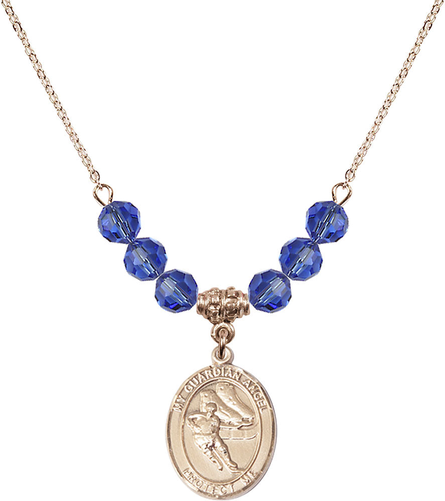 14kt Gold Filled Guardian Angel/Hockey Birthstone Necklace with Sapphire Beads - 8704