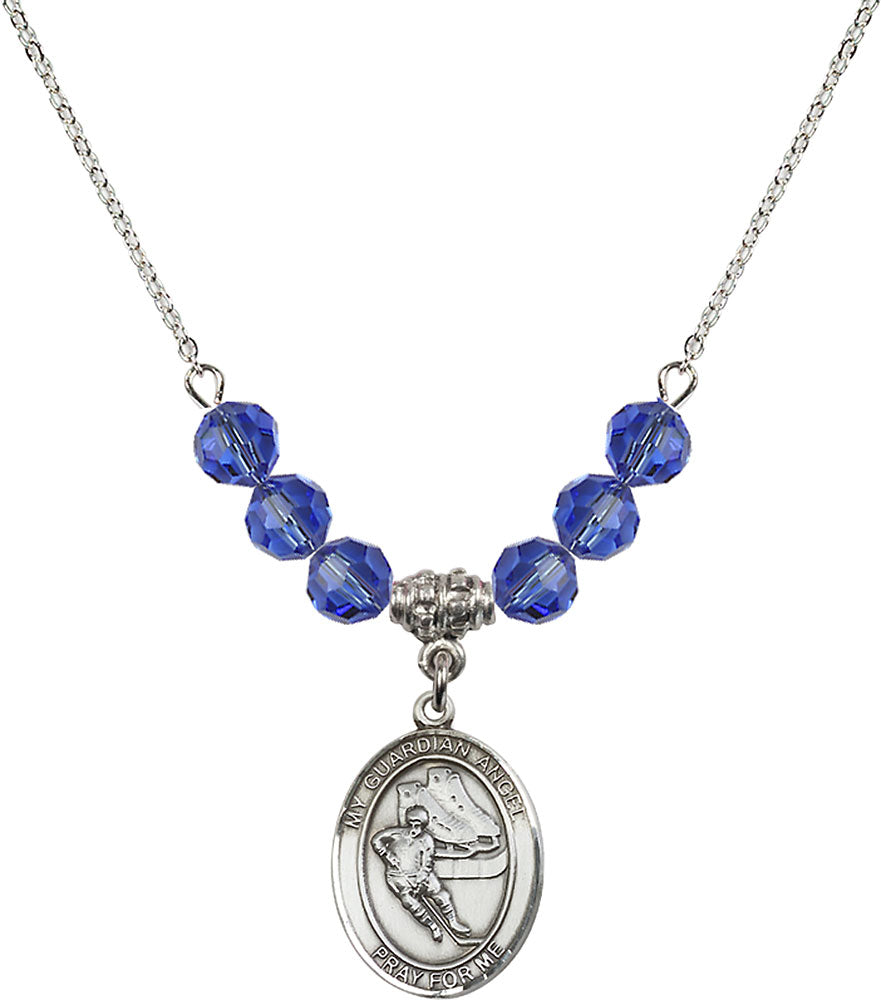 Sterling Silver Guardian Angel/Hockey Birthstone Necklace with Sapphire Beads - 8704