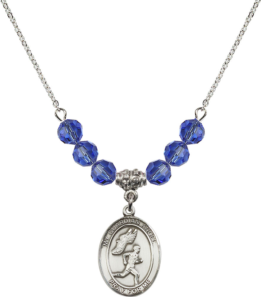 Sterling Silver Guardian Angel/Track&Field-Men Birthstone Necklace with Sapphire Beads - 8709