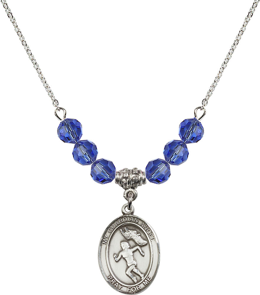 Sterling Silver Guardian Angel/Track&Field-Women Birthstone Necklace with Sapphire Beads - 8710