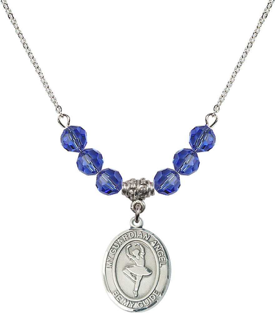 Sterling Silver Guardian Angel/Dance Birthstone Necklace with Sapphire Beads - 8712