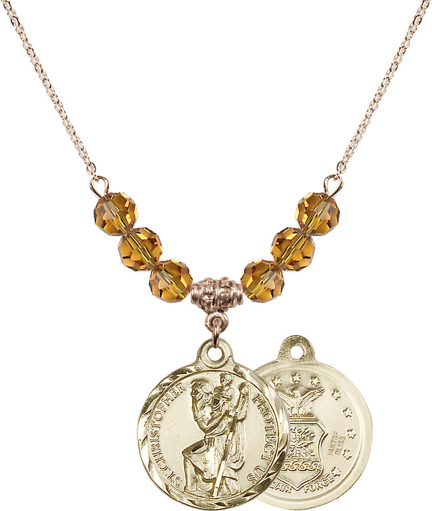 14kt Gold Filled Saint Christopher / Air Force Birthstone Necklace with Topaz Beads - 0192