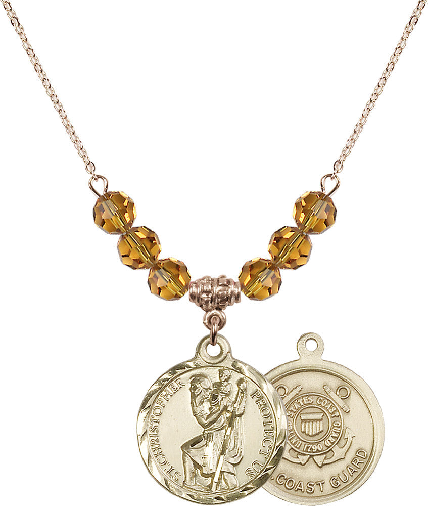 14kt Gold Filled Saint Christopher / Coast Guard Birthstone Necklace with Topaz Beads - 0192