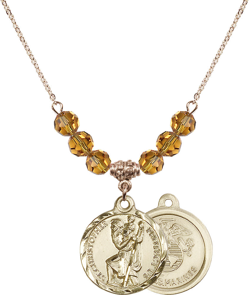 14kt Gold Filled Saint Christopher / Marines Birthstone Necklace with Topaz Beads - 0192