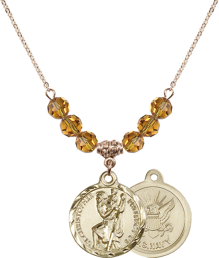 14kt Gold Filled Saint Christopher / Navy Birthstone Necklace with Topaz Beads - 0192