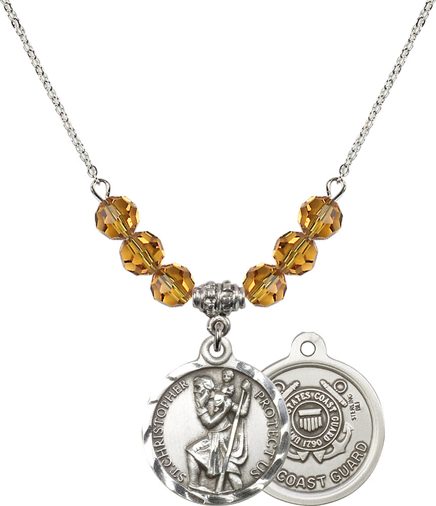 Sterling Silver Saint Christopher / Coast Guard Birthstone Necklace with Topaz Beads - 0192
