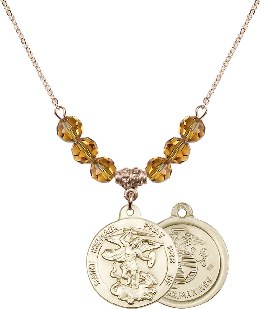 14kt Gold Filled Saint Michael / Marines Birthstone Necklace with Topaz Beads - 0342