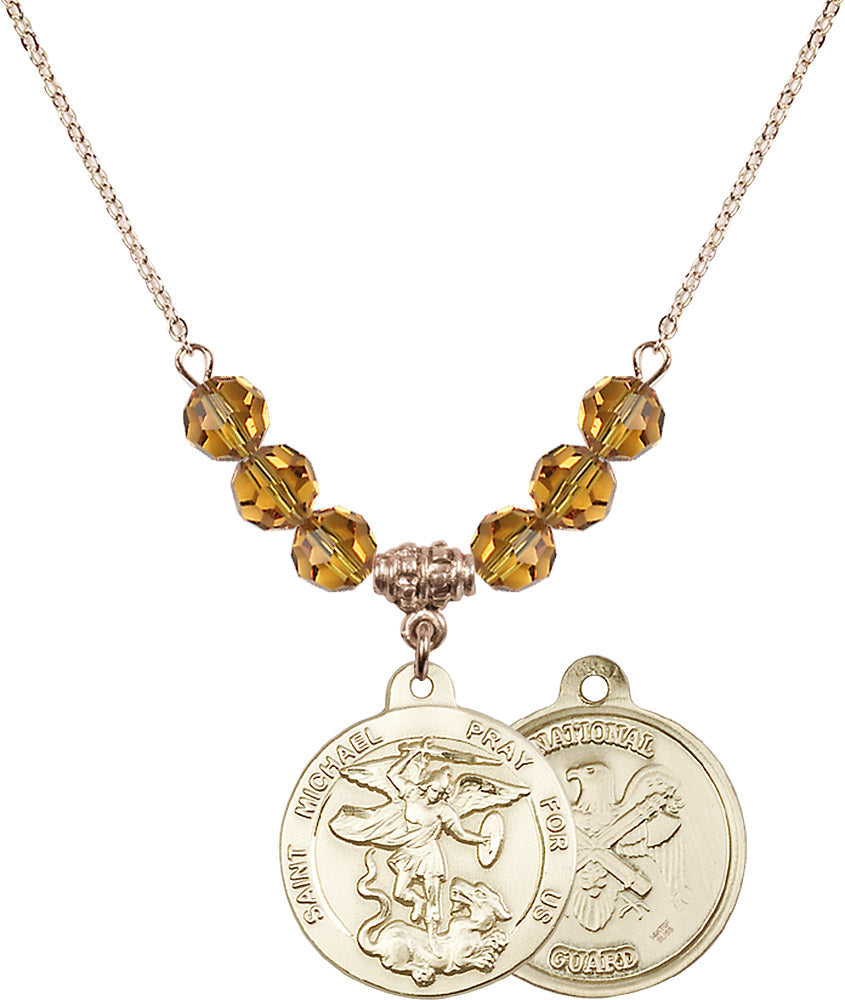 14kt Gold Filled Saint Michael / Nat'l Guard Birthstone Necklace with Topaz Beads - 0342