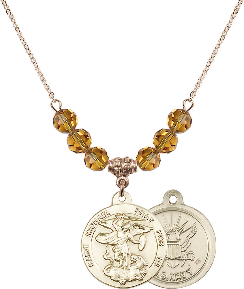 14kt Gold Filled Saint Michael / Navy Birthstone Necklace with Topaz Beads - 0342